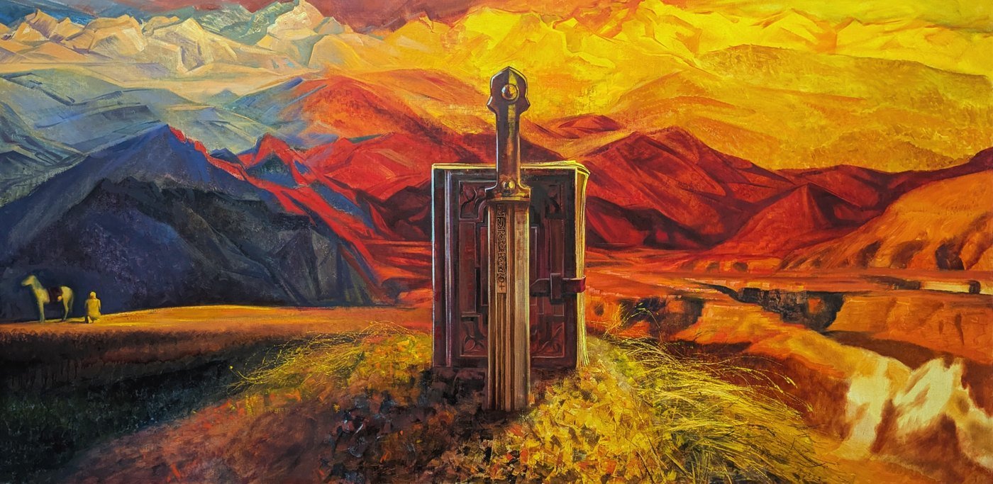 Картина с выставки Art Qurultay: меч на фоне гор в оранжевом закате